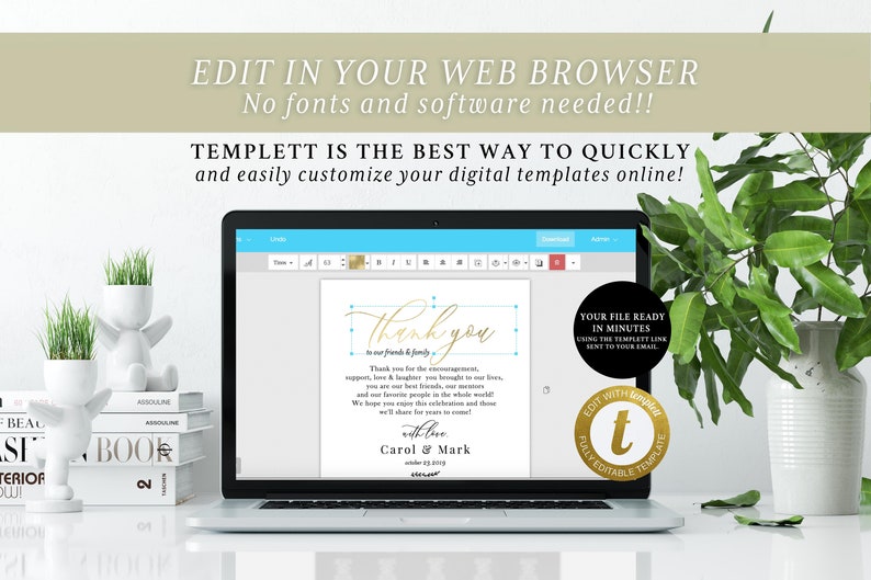 May include: A laptop screen shows a digital template with gold script text saying "Thank You". The image includes decorative elements such as small white planters with grass and a stack of books, suggesting a wedding or event theme.