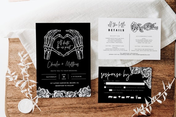 Modern Halloween Wedding Invitation Suite, Skeleton Wedding Invitation Suite, Gothic Wedding Invitation Template, Til Death Wedding Invite