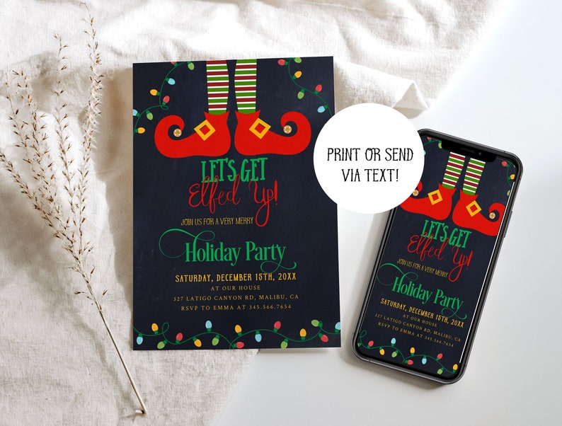 Let's Get Elfed Up Party Invitation, Christmas Party Invitation, Funny Christmas Party Invitation, Holiday Party Invite, Xmas Party Invite image 1