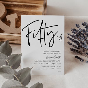 Puede incluir: Una tarjeta blanca con texto negro anunciando una fiesta de cumplea&ntilde;os n&uacute;mero 50 para Holens Saith. La tarjeta dice "Fifty" en una fuente grande y manuscrita con un peque&ntilde;o coraz&oacute;n al lado. La fiesta es el s&aacute;bado 22 de septiembre de 2021, a las tres de la tarde. La direcci&oacute;n es 123 Avenue 1234 Dallas, TX.