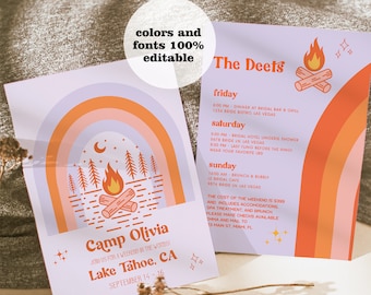 Camping Themed Bachelorette Invitation & Itinerary, Rainbow Camp Bachelorette Party Itinerary, Mountain Bachelorette Invitation, Retro Camp