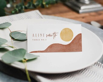 Plantilla de tarjeta de lugar moderna, minimalista, para boda en el desierto, bohemia, editable y fácil de hacer.