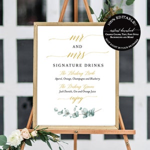 Modèle de mariage de signe de boisson de signature, signe de boissons de signature de M. et Mme, menu de boissons de signature, signe de réception de mariage, sa boisson de sien