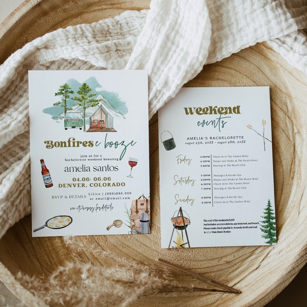 Camping Bachelorette Party, Glamping Bachelorette Party, Bonfires and Booze Bachelorette Party, Bachelorette Invitation with Itinerary, Pine