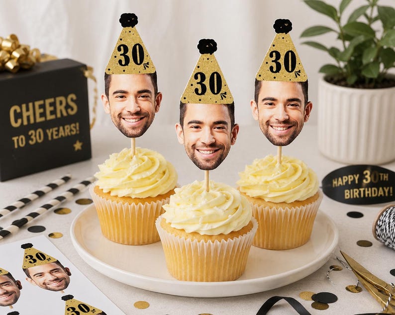 Golden Face Cupcake Toppers Printable, Photo Cupcake Toppers 30th 40th 50th Printable, Thirty Cupcake Toppers Download, Black & Gold Decor image 1