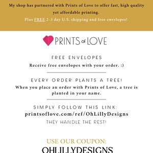 May include: A graphic with the text "WHERE TO PRINT?" and a pink heart with the text "PRINTS OF LOVE". The text below explains that the shop has partnered with Prints of Love to offer fast, high-quality, and affordable printing. It also mentions free envelopes and a 2-3 day shipping option. The text also includes a link to Prints of Love and a coupon code for 10% off.