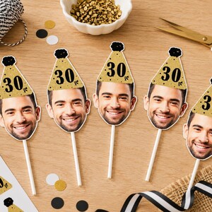 Golden Face Cupcake Toppers Printable, Photo Cupcake Toppers 30th 40th 50th Printable, Thirty Cupcake Toppers Download, Black & Gold Decor image 2