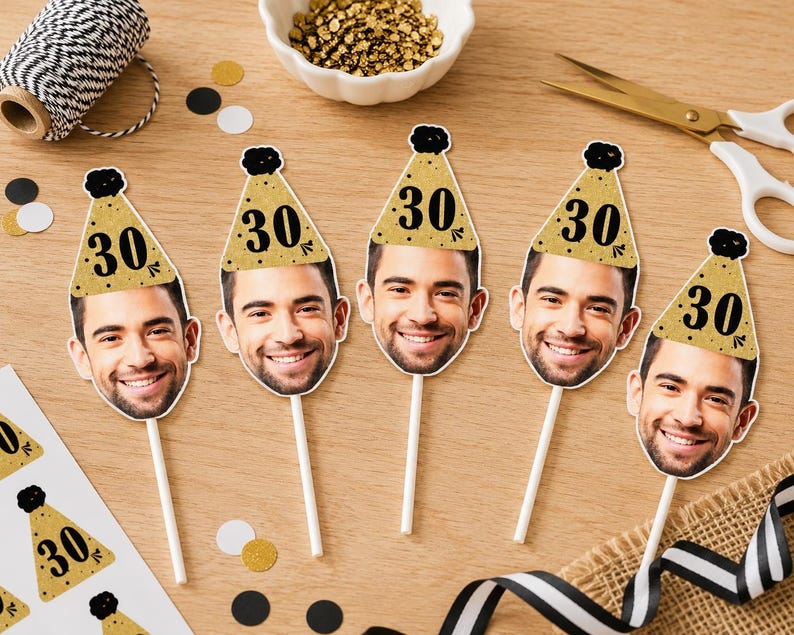 Golden Face Cupcake Toppers Printable, Photo Cupcake Toppers 30th 40th 50th Printable, Thirty Cupcake Toppers Download, Black & Gold Decor image 2