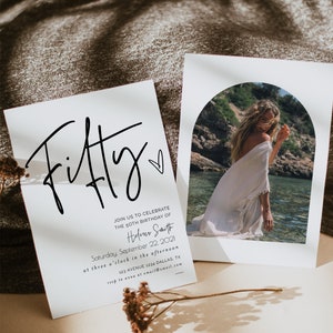 Puede incluir: Una tarjeta de invitaci&oacute;n blanca con texto negro que dice "Fifty" con un peque&ntilde;o s&iacute;mbolo de coraz&oacute;n. El texto debajo dice "&Uacute;nete a nosotros para celebrar el 50 cumplea&ntilde;os de Helen Smith, s&aacute;bado 22 de septiembre de 2021 a las tres de la tarde, 123 Avenue 1234 Dallas, TX, rsvp a anne en email@email.com".