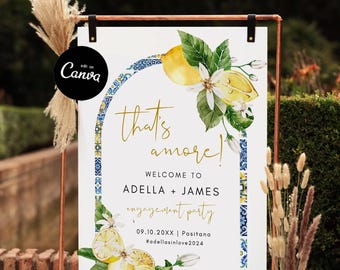 That's Amore Bridal Shower Welcome Sign, Blue Tiles Bridal Shower Welcome Sign, Mediterranean Welcome Sign, Mediterranean Bridal Party Canva