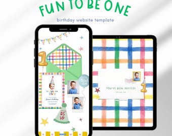 Fun to be one birthday website invitation editable Canva rsvp form colorful whimsical checkered face photo topper modern 1st boy birthday