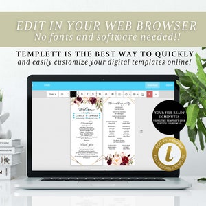 May include: A laptop computer displaying a wedding program template on the screen. The template is editable and features a floral design with burgundy and blush pink flowers. The text on the screen reads "Welcome to the wedding of Camila & Edward".