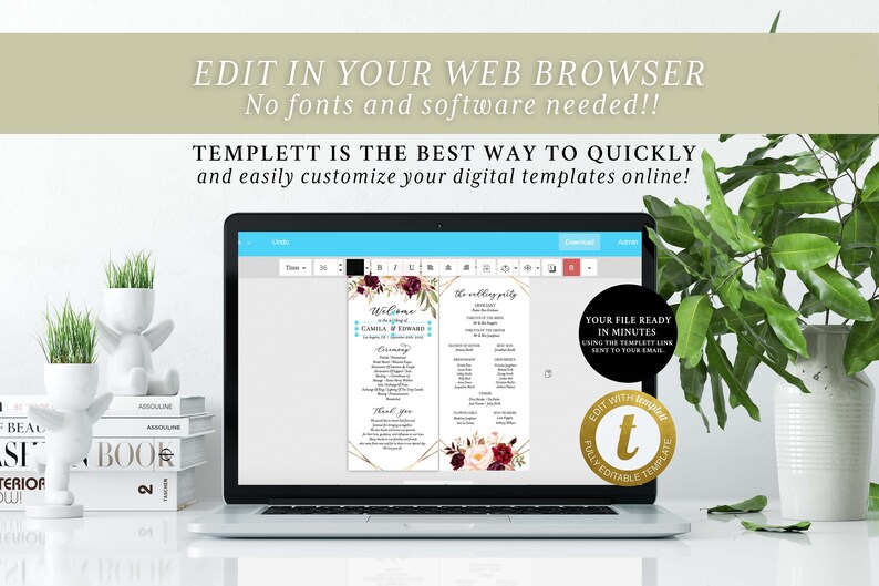 May include: A laptop computer displaying a wedding program template on the screen. The template is editable and features a floral design with burgundy and blush pink flowers. The text on the screen reads "Welcome to the wedding of Camila & Edward".