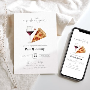 Perfect Pair Engagement Invitation, Pizza and Beer Engagement Invitation Template, Pizza and Beer Party Invitation, Wine Pizza Party Invite