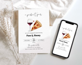 Perfect Pair Engagement Invitation, Pizza and Beer Engagement Invitation Template, Pizza and Beer Party Invitation, Wine Pizza Party Invite