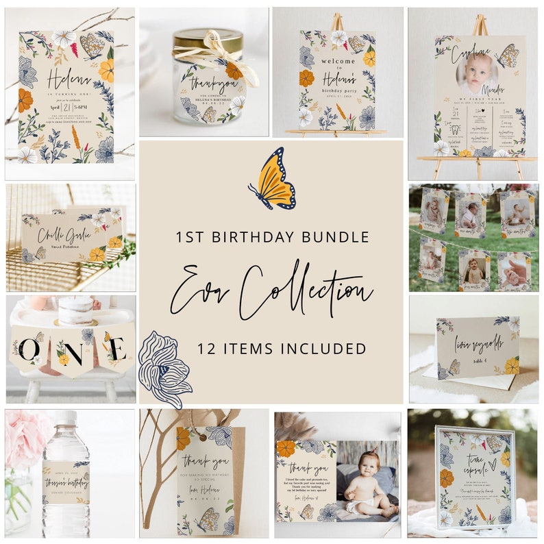 Puede incluir: Un conjunto de 12 archivos digitales imprimibles para una fiesta de primer cumplea&ntilde;os. El tema es mariposas y flores con un esquema de color amarillo, azul y blanco. Los archivos incluyen un cartel de bienvenida, una etiqueta de agradecimiento, una pancarta, un tel&oacute;n de fondo para cabina de fotos y m&aacute;s.