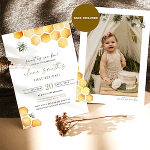 May include: A yellow and white bee-themed first birthday party invitation with a watercolor honeycomb pattern. The invitation says "sweet as can bee!" and includes the name "alana smith's" and the date "April 20, 2021".