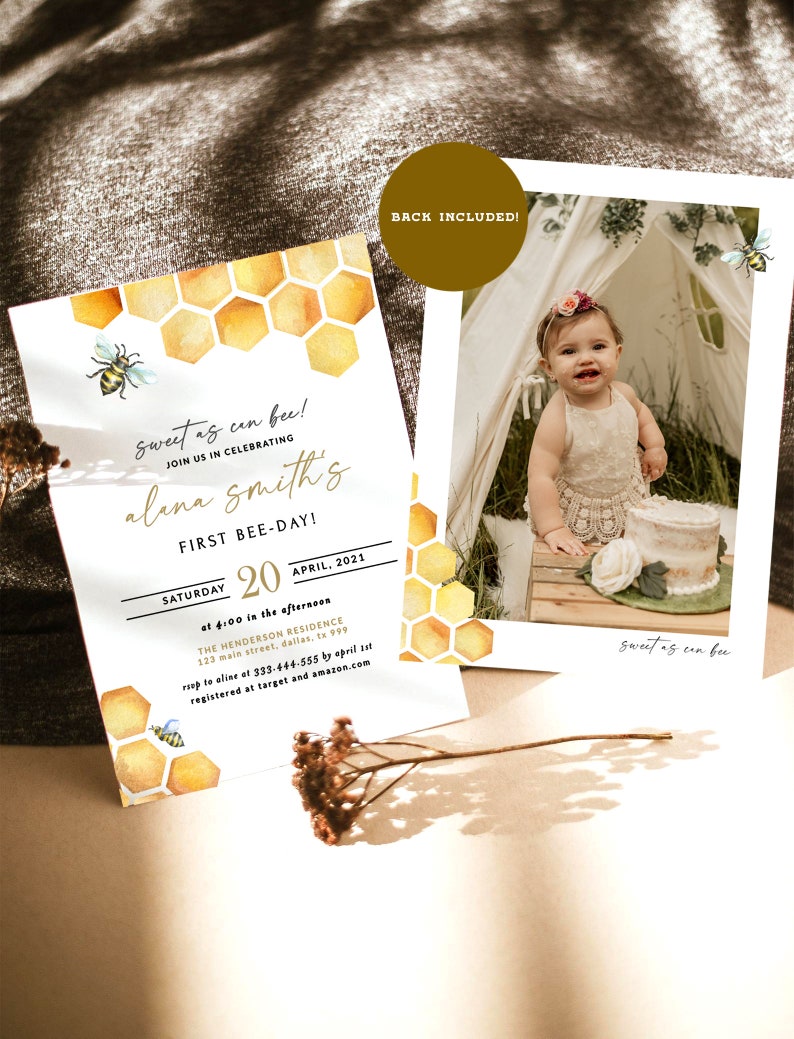 May include: A yellow and white bee-themed first birthday party invitation with a watercolor honeycomb pattern. The invitation says "sweet as can bee!" and includes the name "alana smith's" and the date "April 20, 2021".