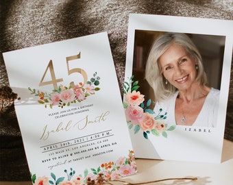 45. Geburtstagseinladung, Elegante 45. Geburtstagseinladung, Fünfundvierzig Geburtstag, Blumen-Geburtstagseinladung für Erwachsene, 45 Geburtstag, Bearbeitbar