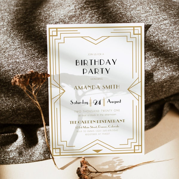 Art Deco Birthday Invitation, Gatsby Birthday Invitation Template, Elegant 20's Themed Invitation, 20's Birthday Party Invite, Evite DIY