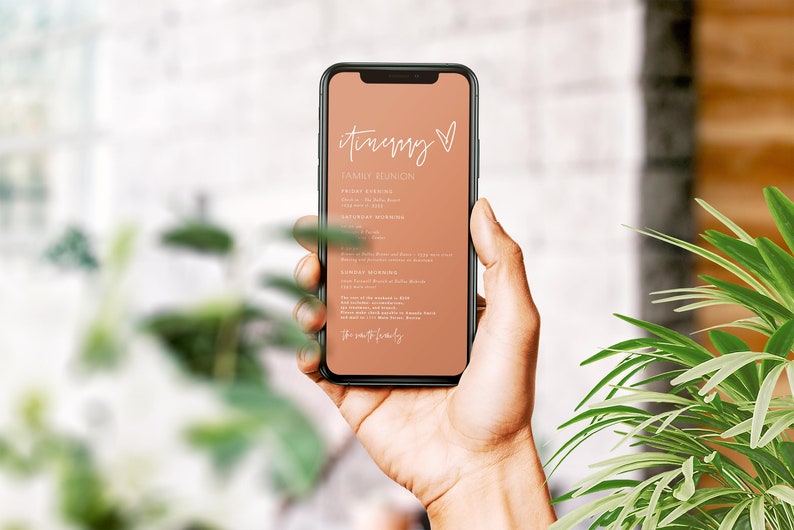 May include: A smartphone displaying a peach-coloured itinerary for a family reunion. The itinerary includes details for Friday evening, Saturday morning, and Sunday morning. The text on the screen reads "itinerary" with a heart symbol and "Family Reunion".