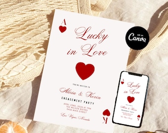 Lucky In Love Las Vegas Engagement Party Invitation Template, Vegas Girls Weekend Invite, Editable Hand Drawn Bachelorette Party Casino