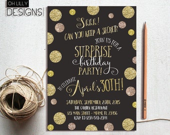 Surprise Birthday Invitation, 30th Birthday Invitation, Gold Glitter Invitation, Birthday Printable, Adult Invitation Printable