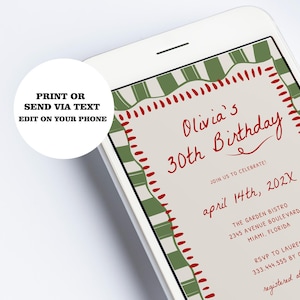 May include: A printable invitation for a 30th birthday party. The invitation features a green and white striped background with red stitching. The text reads "Olivia's 30th Birthday" and includes the date, time, and location of the party. The invitation also includes RSVP information and a note about registering at Target.