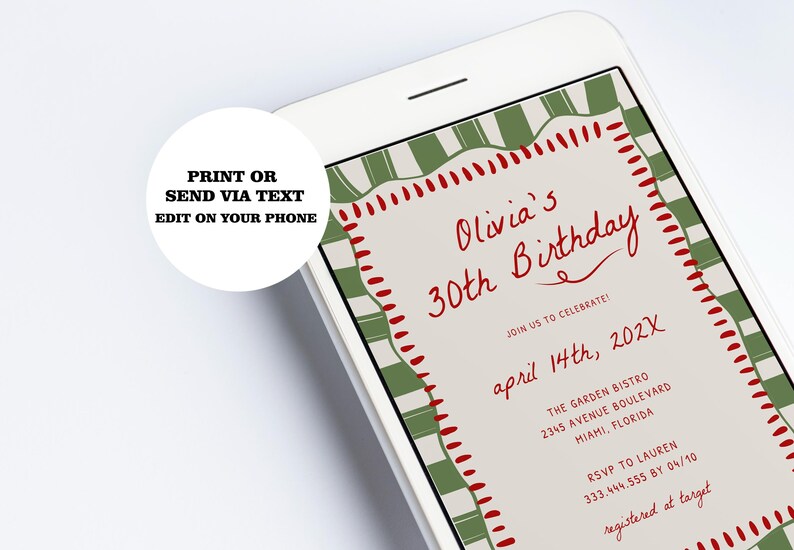 May include: A printable invitation for a 30th birthday party. The invitation features a green and white striped background with red stitching. The text reads "Olivia's 30th Birthday" and includes the date, time, and location of the party. The invitation also includes RSVP information and a note about registering at Target.