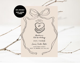 Heart Cake Birthday Invitation, Hand Draw Birthday Invitation, Dinner Party Invite, Whimsical Birthday Invite, Bow Ribbon Invitation DIY