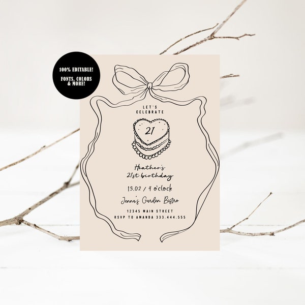 Heart Cake Birthday Invitation, Hand Draw Birthday Invitation, Dinner Party Invite, Whimsical Birthday Invite, Bow Ribbon Invitation DIY