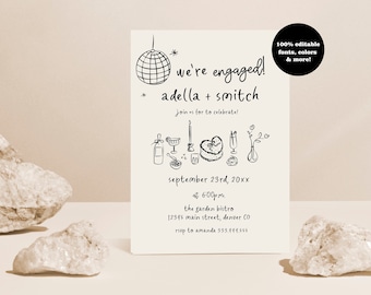 We're Engaged Invite, Hand Drawn Engagement Party Invitation Template, Handwritten Engagement Party Invitation Editable, Elegant Engagement