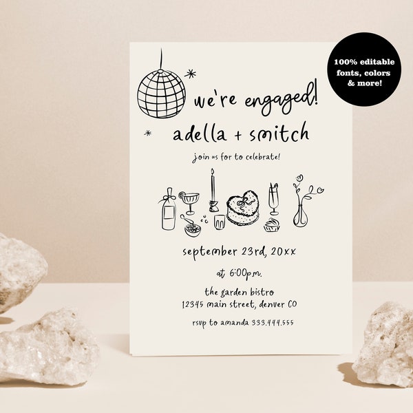 We're Engaged Invite, Hand Drawn Engagement Party Invitation Template, Handwritten Engagement Party Invitation Editable, Elegant Engagement