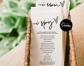 I Spy Wedding Game Template, I Spy Wedding Game Hashtag, Editable Wedding Games Canva, Wedding Photo Hunt Game, Reception Wedding Hunt Fun