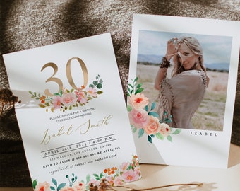 30th Birthday Invitation, Elegant 30th Birthday Invitation, Thirty Birthday, Floral Adult Birthday Invitation, 30 Birthday, Editable, DIY