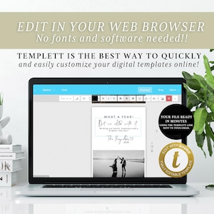 May include: A laptop computer screen displaying a website with a digital template for a New Year's card. The template features a black and white photo of a couple dancing on a beach. The text on the template reads "What a year! But we'll roll with it." and "The Raynor's 2023". The website is called "Templett" and the text on the website says "Your file ready in minutes using the Templett link sent to your email. Edit with Templett. Fully editable template."