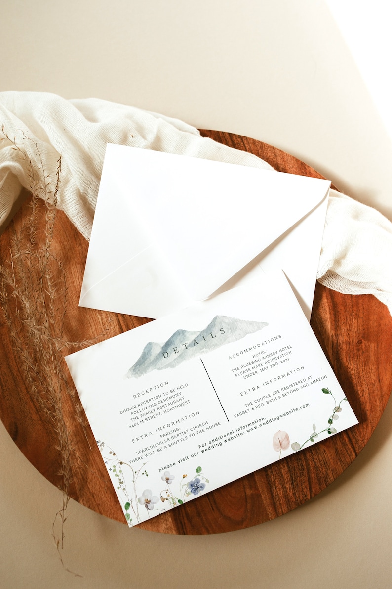 Aria Mountain Wedding Invitation Template Suite, Wildflower Wedding Invitation Set, Boho Wedding Invite, Bohemian Woodland Rustic Instant image 3