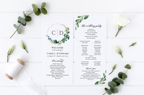 Greenery Wedding Programs, INSTANT DOWNLOAD, Wedding Program Template, 100% Editable, Bohemian Greenery, Templett, Editable Program