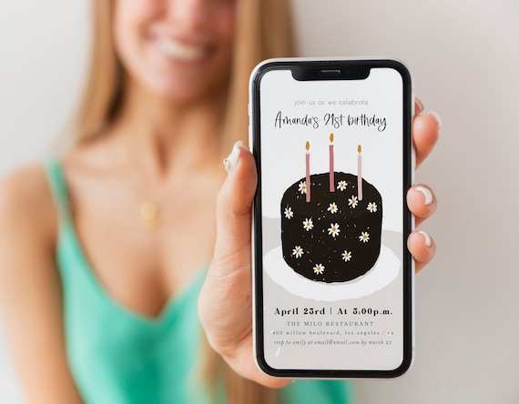 Birthday Invitation Electronic Template, Modern Birthday Invite, Editable Birthday Invitation Template, Daisy, Cake, Black, Digital Evite