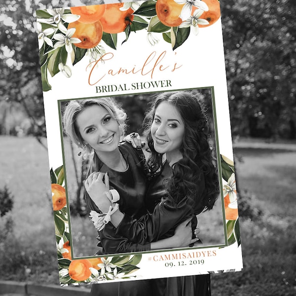 MAEVE | Citrus Bridal Shower Photo Booth Frame Template, Citrus Bridal Shower Photo Station, Orange, Personalized Bridal Shower Photo Prop