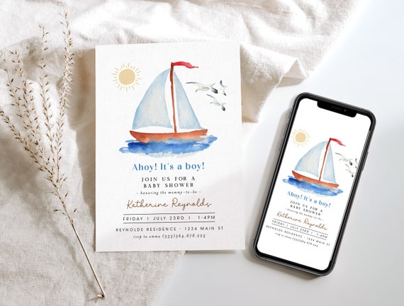 Ahoy Its a Boy Invitation, Ahoy Its a Boy Baby Shower Invitation Digital, Nautical Baby Shower Invitation, Baby Shower Sailboat Theme, DIY