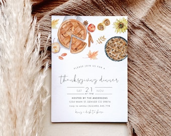 Uitnodigingssjabloon Thanksgiving-diner, moderne Thanksgiving-uitnodiging, pompoen Thanksgiving-diner Evite, herfst Friendsgiving-uitnodiging DIY