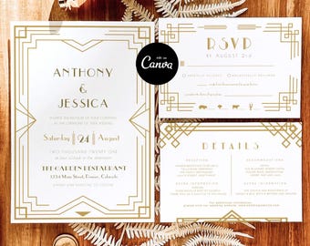 Invitación de boda Art Déco, invitación de boda retro imprimible en negro y dorado, juego de invitaciones de boda Gatsby, invitación de boda de los años 20 en Canva