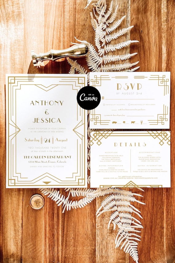 Art Deco Wedding Invitation, Printable Retro Black and Gold Wedding Invite, Gatsby Wedding Invitation Set, 20's Wedding Invitation Canva