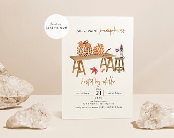 May include: Invitation to a Sip and Paint Pumpkins event hosted by Edelly on Saturday, May 23rd at 4:00pm at the Limeo Hotel in Los Angeles. The invitation features a watercolor illustration of two pumpkins on a table with paintbrushes and wine glasses.
