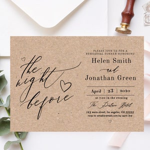 K&ouml;nnte beinhalten: Eine Einladung zum Probeessen auf strukturiertem braunem Karton. Die Einladung zeigt eine elegante schwarze Schrift, die "the night before" lautet, sowie Details f&uuml;r das Probeessen von Helen Smith und Jonathan Green am 23. April 2020.