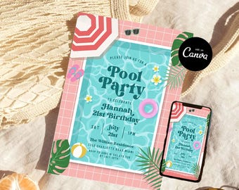 Pool Party Invitation Canva, Pool Party Birthday Swim Party invite, Summer Pool birthday Party, Girl Tween Birthday, Indoor Pool Party