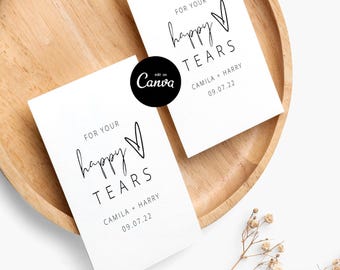 Tissue Wraparound, For Your Happy Tears, Happy Tears, Editable Minimalist Wedding Pocket Tissue Favor Template, Wedding tears tag Canva