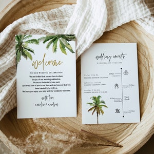 Clairo | Modelo de Cronograma de Casamento Tropical, Download Instantâneo de Cronograma de Casamento em Ambientes Verdes, Carta de Boas-Vindas ao Destino, Cronograma de Sacola de Boas-Vindas