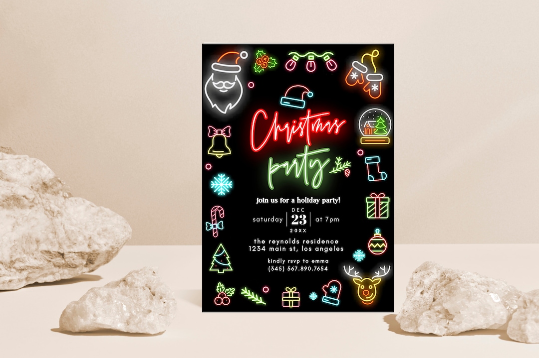 Neon Christmas Party Invitation, Neon Holiday Party Invitation Template